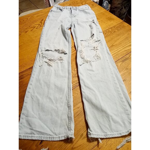 WE THE FREE Jeans Womens 24 BLUE Preowned Summer Denim DISTRESSED FLARED FLARE ? - Picture 1 of 16